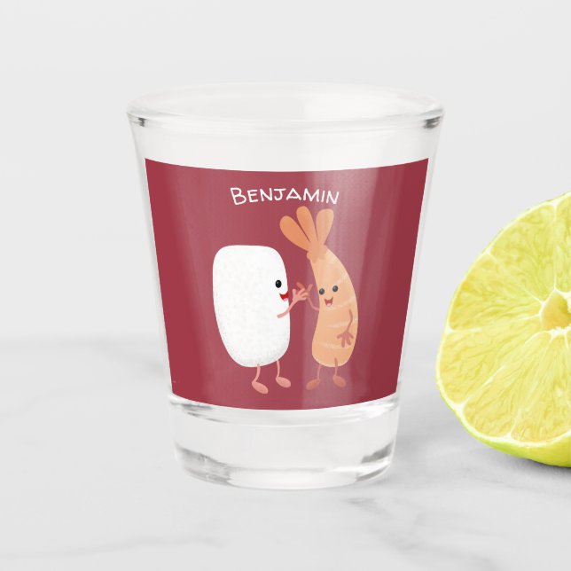 Cute sushi rice prawn friends cartoon  shot glass (Front)