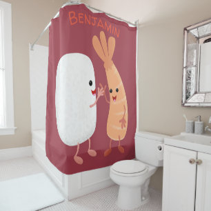 Cute sushi rice prawn friends cartoon shower curtain
