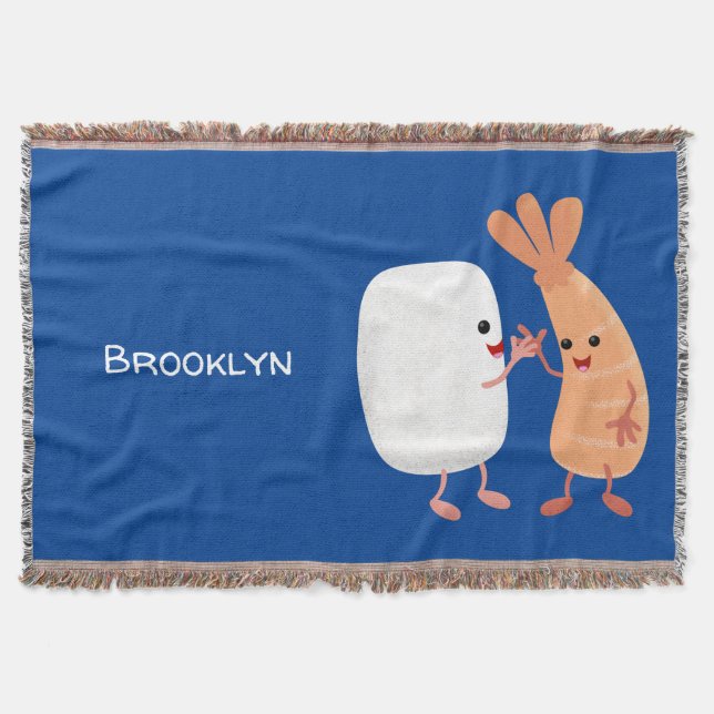 Cute sushi rice prawn friends cartoon throw blanket (Front)