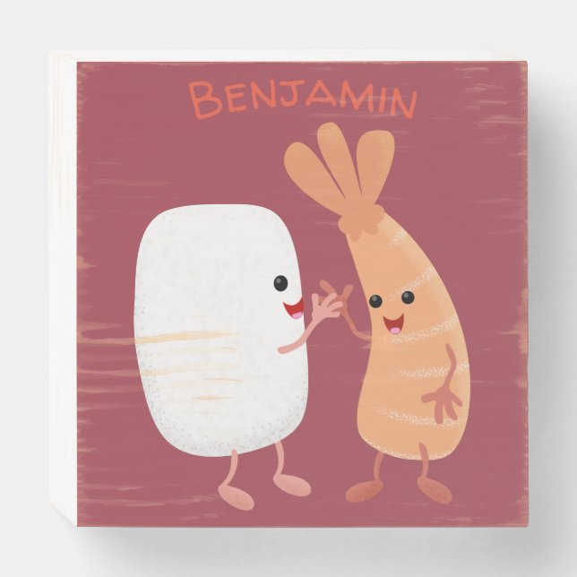 Cute sushi rice prawn friends cartoon wooden box sign (Front Horizontal)