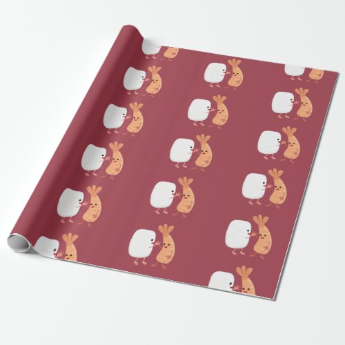 Cute sushi rice prawn friends cartoon wrapping paper