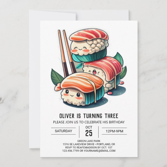 Cute Sushi Roll Printable Birthday Invitation (Front)
