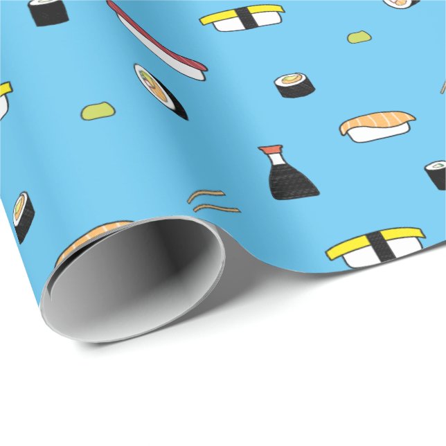 Cute Sushi Roll Set Pattern Nigiri Maki Light Blue Wrapping Paper (Roll Corner)