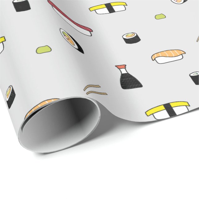 Cute Sushi Roll Set Pattern Nigiri Maki Light Gray Wrapping Paper (Roll Corner)