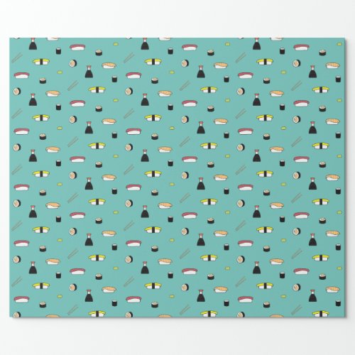 Cute Sushi Roll Set Pattern Nigiri Maki Light Teal Wrapping Paper