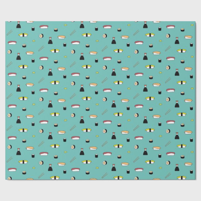 Cute Sushi Roll Set Pattern Nigiri Maki Light Teal Wrapping Paper (Seam)