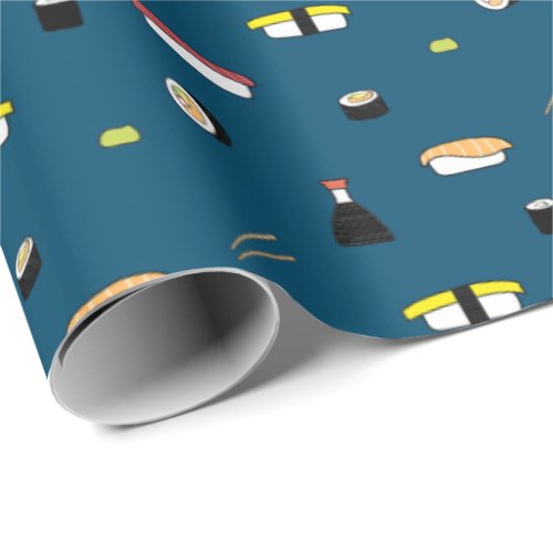 Cute Sushi Roll Set Pattern Nigiri Maki Ocean Blue Wrapping Paper