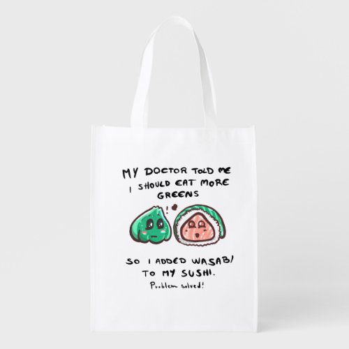 Cute sushi roll with wasabi grocery bag