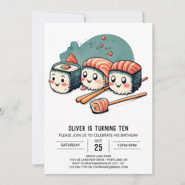 Cute Sushi Wonderland Printable Birthday Invitation (Front)