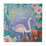 Cute Swan Bird Elegant Blue & Pink Baby Shower Ceramic Tile<br><div class="desc">Cute white swan princess in a blue pound with flowers and lilies. Original artwork by Caroline Bonne Müller</div>