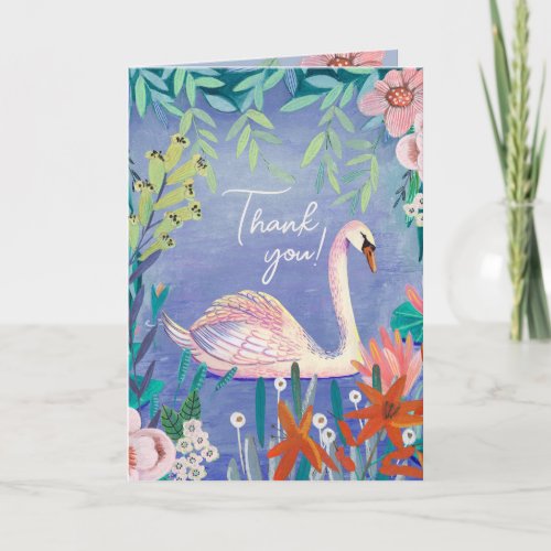 Cute Swan Bird Elegant Blue  Pink Baby Shower Thank You Card