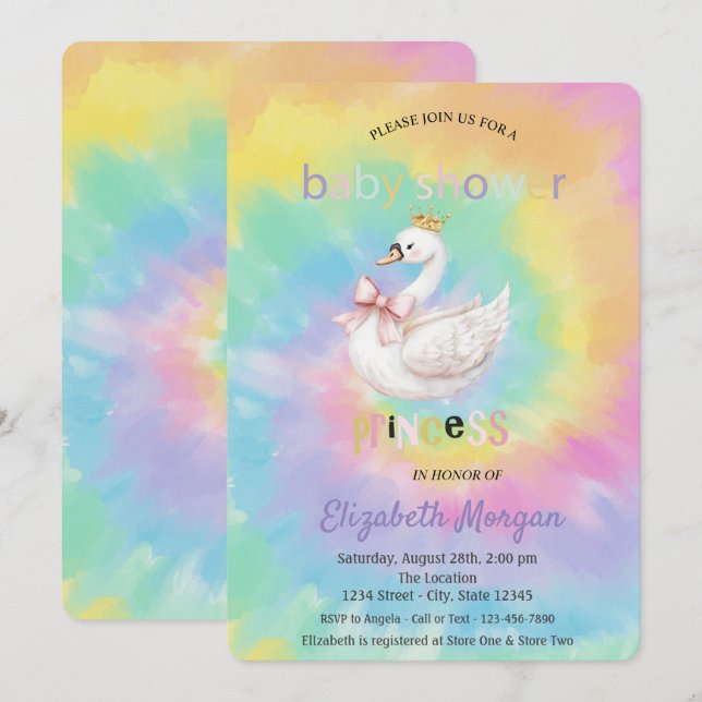 Cute Swan Crown Bow Tie Dye Baby Shower  Invitation (Front/Back)