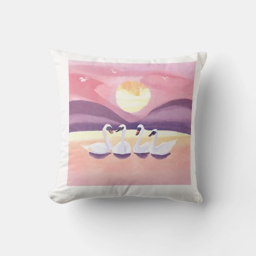 Cute Swan Family water colour Throw Pillow 