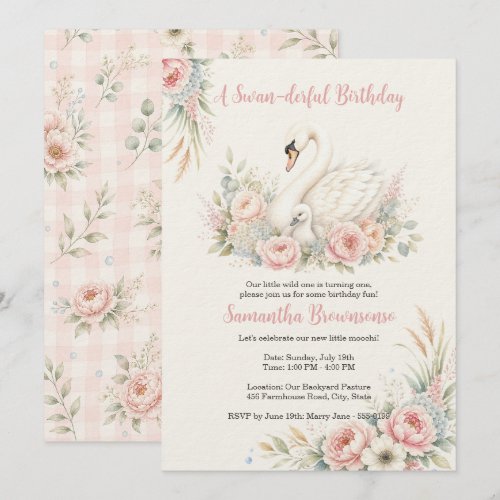 Cute Swan First Birthday Invitation