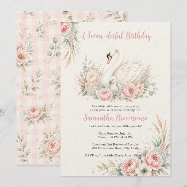 Cute Swan First Birthday Invitation