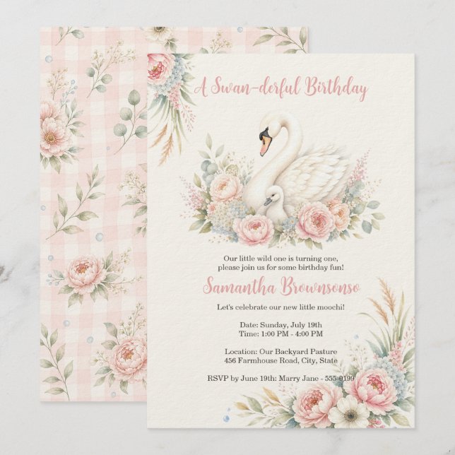 Cute Swan First Birthday Invitation (Front/Back)