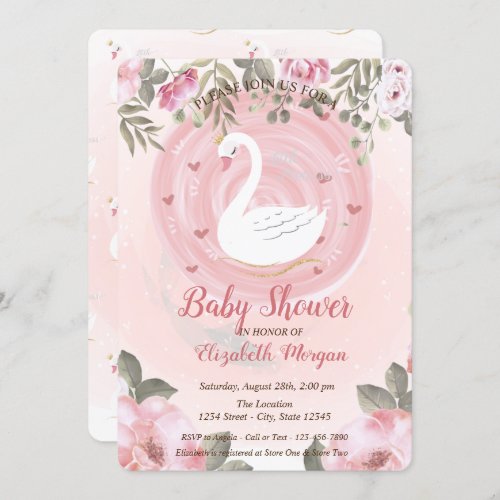 Cute SwanFloral Baby Shower Invitation