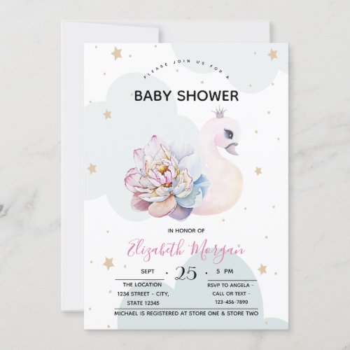 Cute Swan Flower Clouds Baby Shower  Invitation