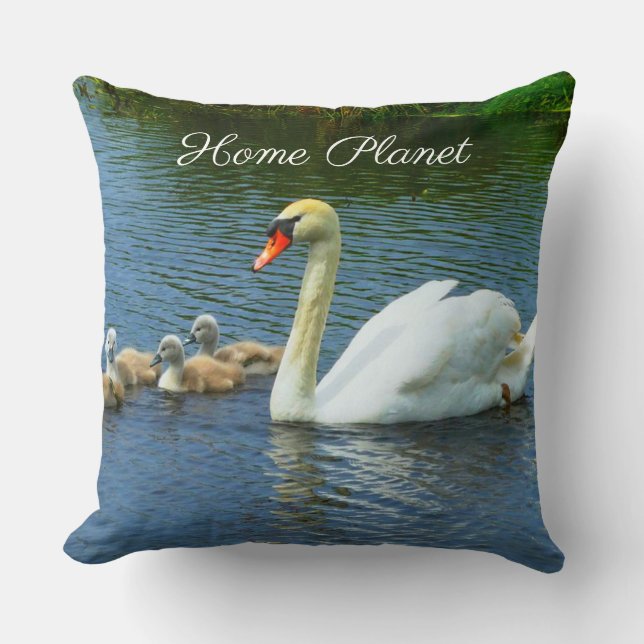 Cute Swan Lake & Home Planet Calligraphy Throw Pillow (Front)