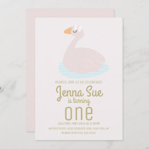 Cute Swan Pink Bow Girls Birthday Party Invitation