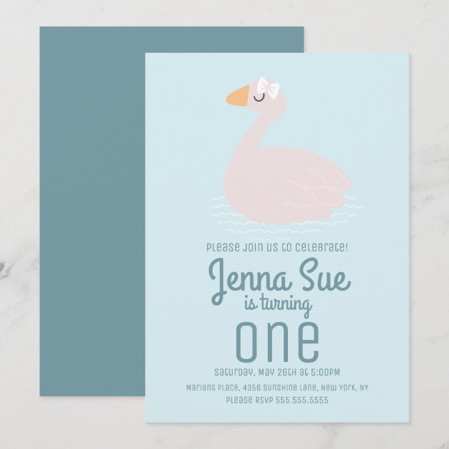 Cute Swan Pink Swimming Birthday Party Invitation (Front/Back)