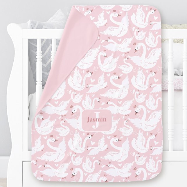 Cute Swan Princess Elegant Pink Girl Name Monogram Baby Blanket (Cute Swan Princess Elegant Pink Girl Name Monogram Baby Blanket)