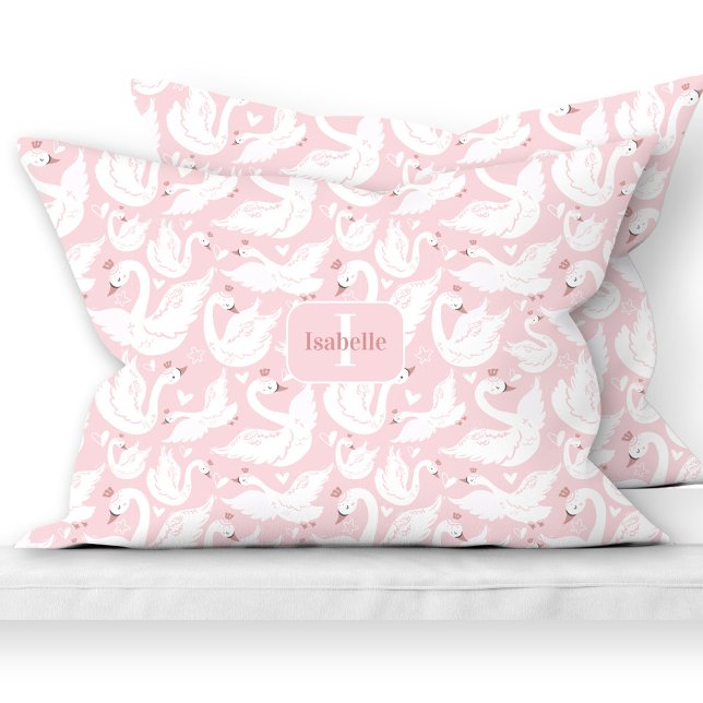 Cute Swan Princess Pattern Pink Name Monogram Girl Pillow Case (Cute Swan Princess Pattern Pink Name Monogram Girl Pillow Case)