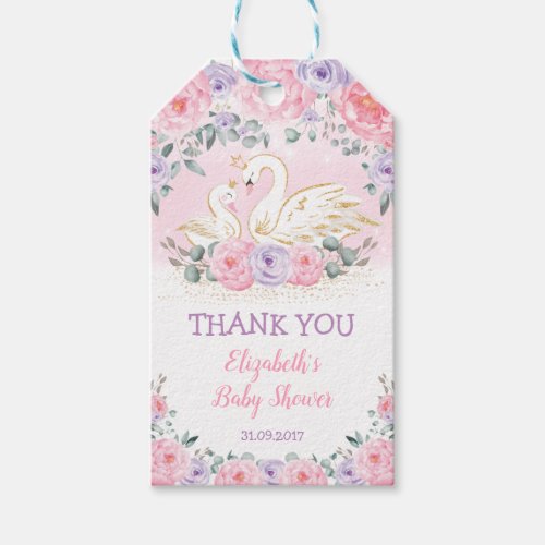 Cute Swan Princess Pink Purple Floral Baby Shower Gift Tags