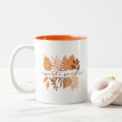 Cute Sweater Weather Script Fall Autumn Leaves  Two_Tone Coffee Mug