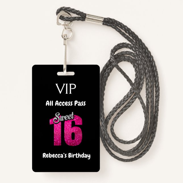 Cute Sweet 16 Birthday VIP All Access Pass Badge (Front with Lanyard)