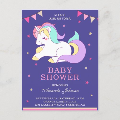Cute Sweet Adorable Unicorn Baby Shower Invitation Postcard
