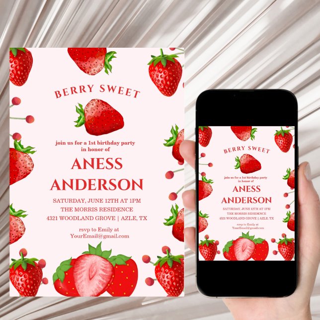 cute Sweet Berry First Birthday modern Invitation (Creator Uploaded)