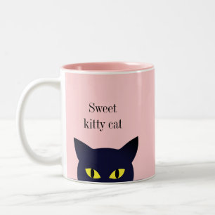 Cute sweet black cat face & calligraphy on pink Two-Tone coffee mug