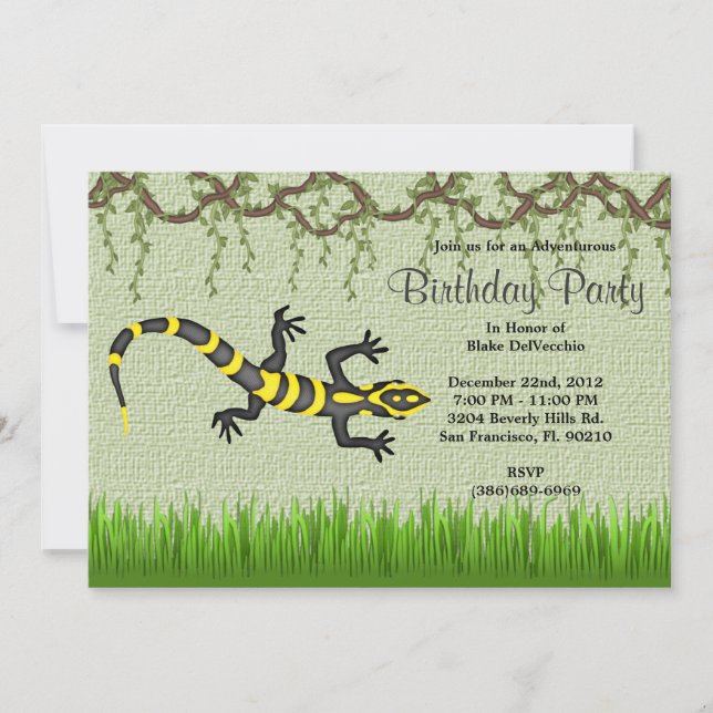 CUTE Sweet Black Lizard Vines Jungle Birthday Invitation (Front)