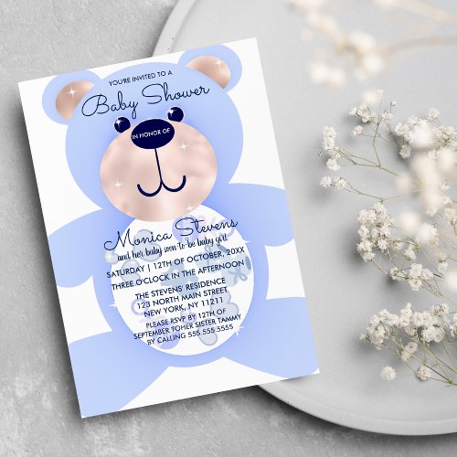 Cute Sweet Blue Navy Teddy Bear Boy Baby Shower Invitation