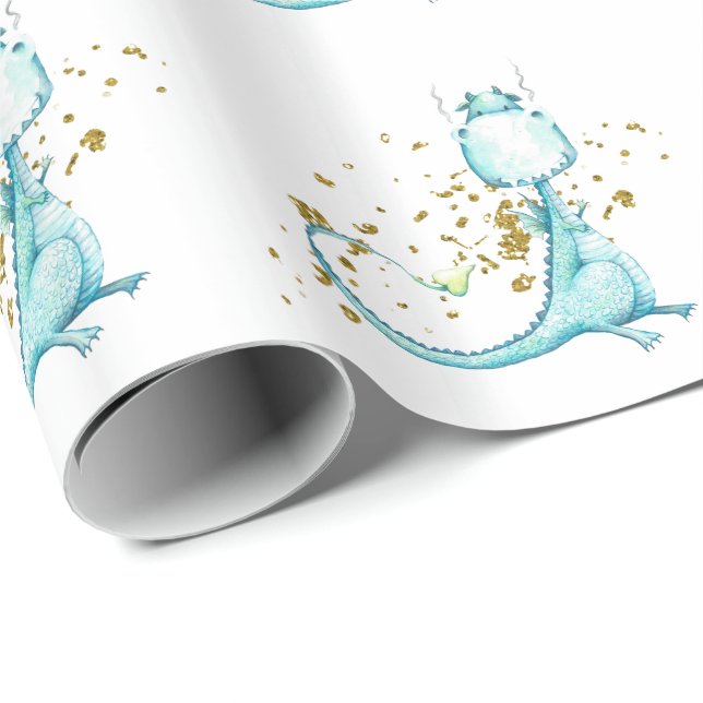 *~* Cute Sweet Blue Teal Toothy Dragon Dinosaurs Wrapping Paper (Roll Corner)