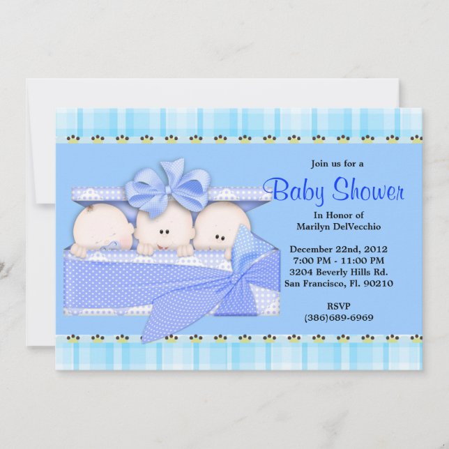 CUTE Sweet Blue Triplets Baby Shower Invitation (Front)