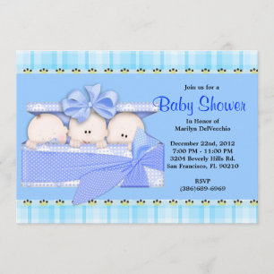CUTE Sweet Blue Triplets Baby Shower Invitation