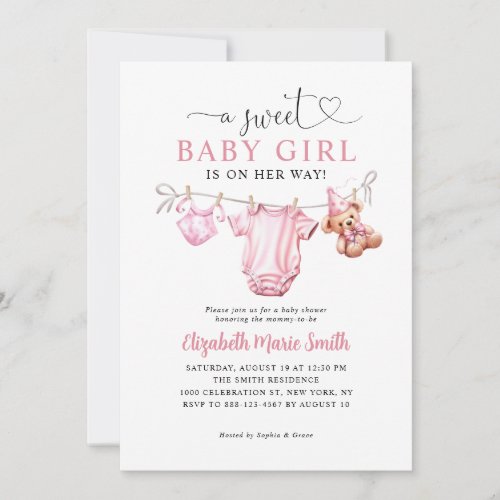 Cute Sweet Blush Pink Clothesline Baby Girl Shower Invitation