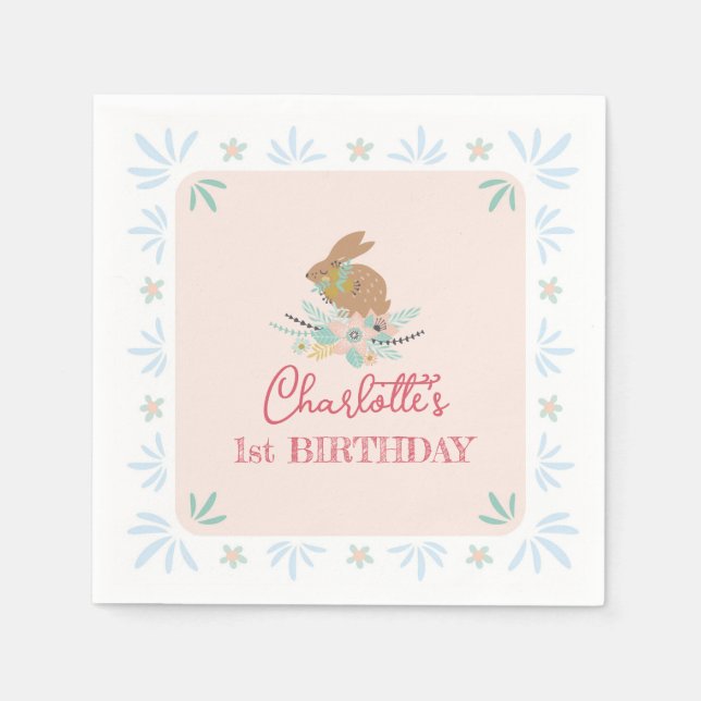 Cute Sweet Bunny Rabbit Animal 1st Birthday Party Napkins (Front)