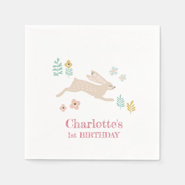 Cute Sweet Bunny Rabbit Animal 1st Birthday Party Napkins (Front)