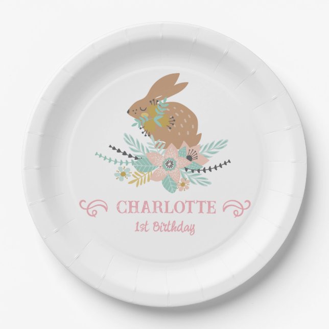 Cute Sweet Bunny Rabbit Animal 1st Birthday Party  Paper Plates (Front)