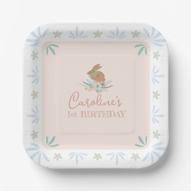 Cute Sweet Bunny Rabbit Animal 1st Birthday Party Paper Plates (Front)