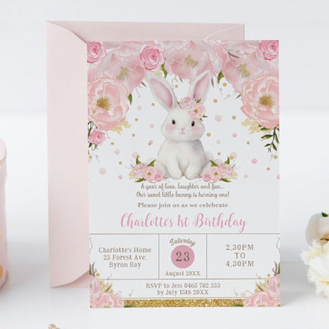 Cute Sweet Bunny Rabbit Pink 1st 2nd 3rd Birthday Invitation (Creator Uploaded)