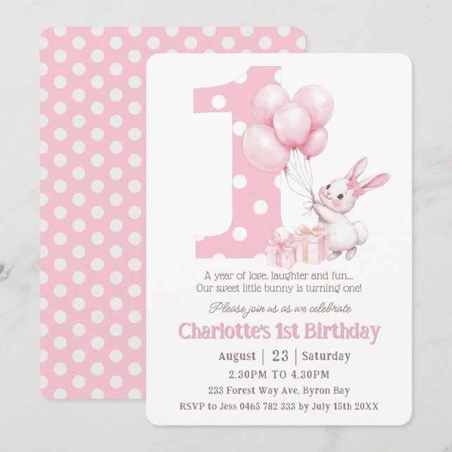 Cute Sweet Bunny Rabbit Pink Dots One 1st Birthday Invitation (Front/Back)