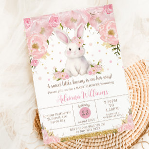 Cute Sweet Bunny Rabbit Pink Floral Baby Shower Invitation