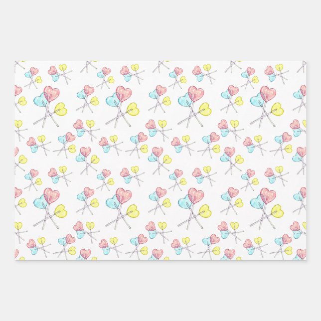 cute sweet candy heart lollipops wrappings wrapping paper sheets (Front)