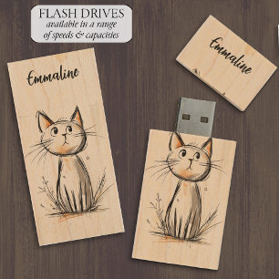 Cute Sweet Cat Illustration Wood Flash Drive