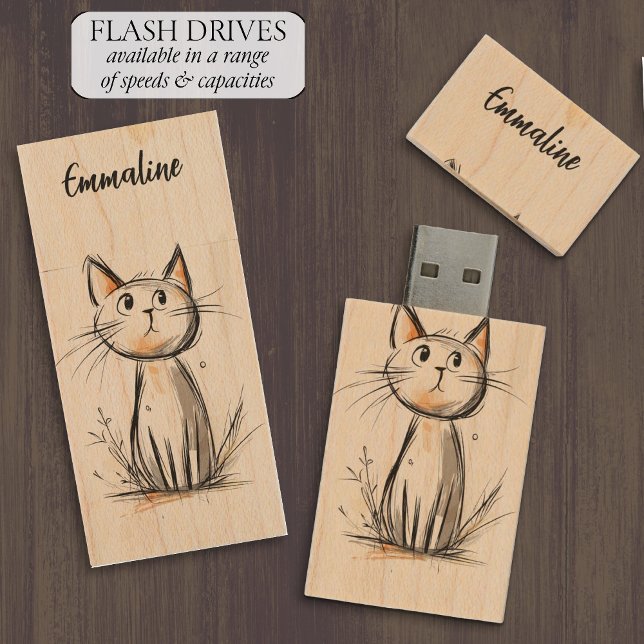 Cute Sweet Cat Illustration Wood Flash Drive (Creator Uploaded)
