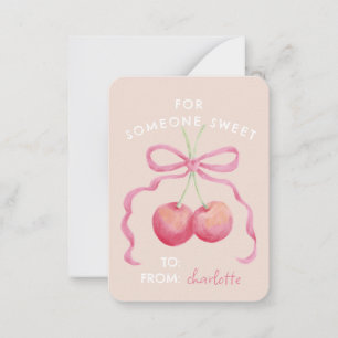 Cute, sweet cherries and bow classroom Valentine Note Card